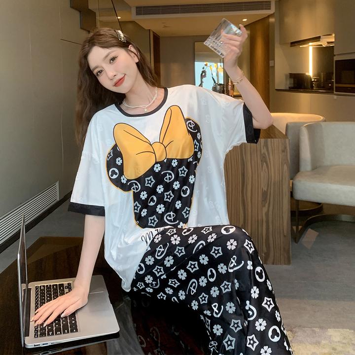 带胸垫夏季提花冰丝睡衣女短袖薄款三件套宽松卡通家居服套装夏天