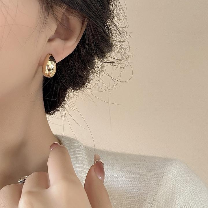 铜合金耳饰 豆豆同款简约小众半圆金属耳环胖月亮水滴金色豆耳钉