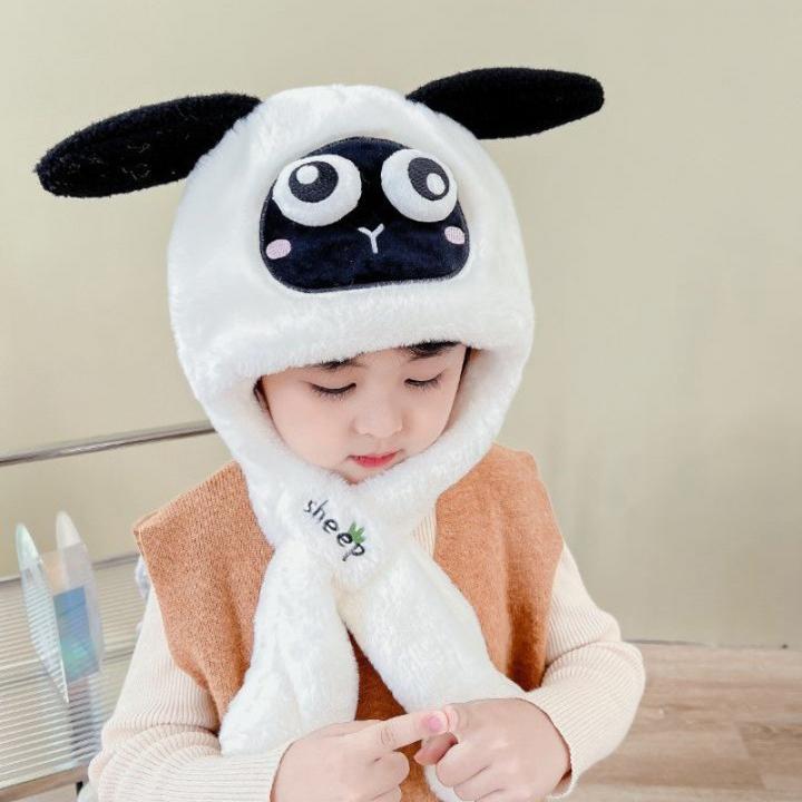 男童围巾一体帽儿童冬季帽子冬天宝宝毛绒帽加厚保暖可爱小萌男孩