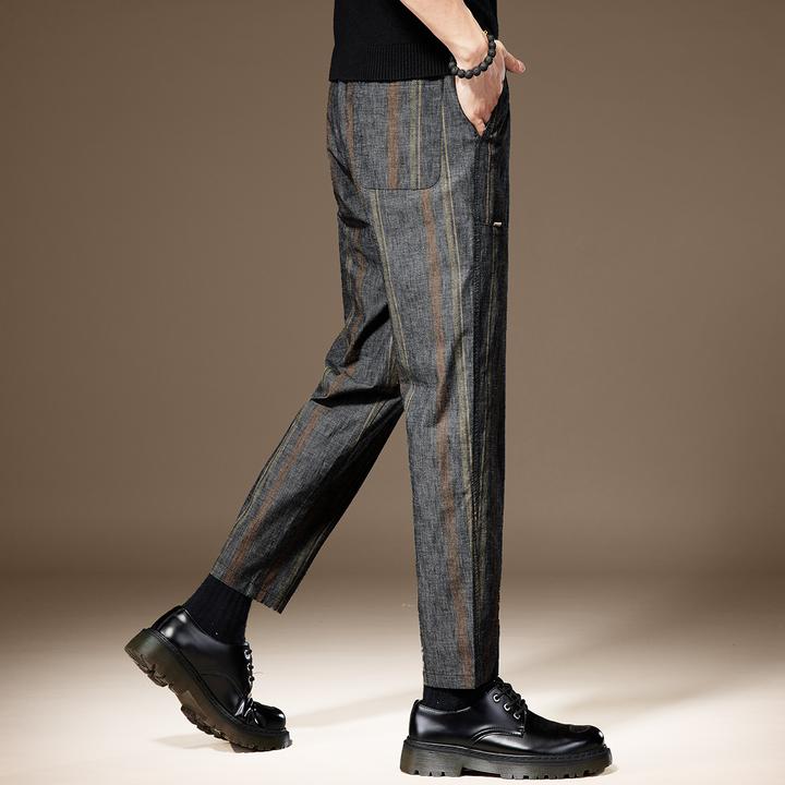 高端条纹男士九分裤夏季薄款复古流行宽松直筒设计感格子休闲裤子