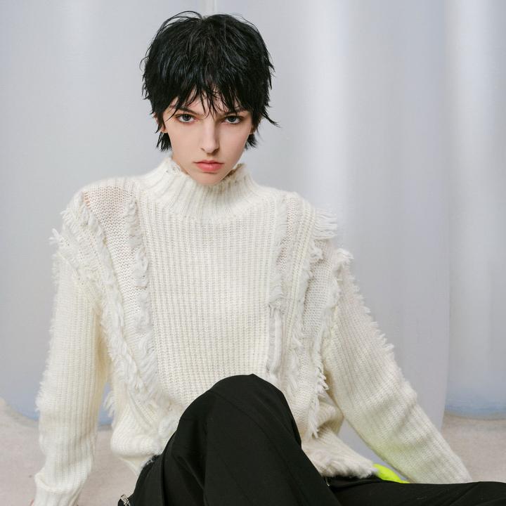 UX冬季新款 艺术联名白色针织衫毛衫女 时尚通勤百搭圆领长袖上衣