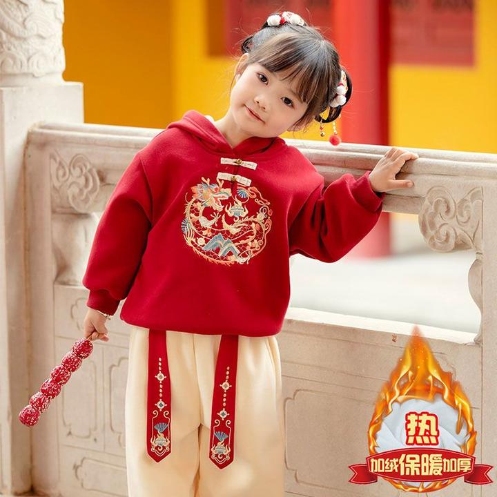 女童中国风儿童拜年服加绒套装冬装2024新年过年喜庆衣服表演服