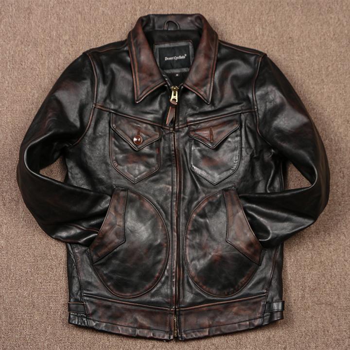 茶芯马皮重水洗做旧门多萨男士短款华仔同款金典外套