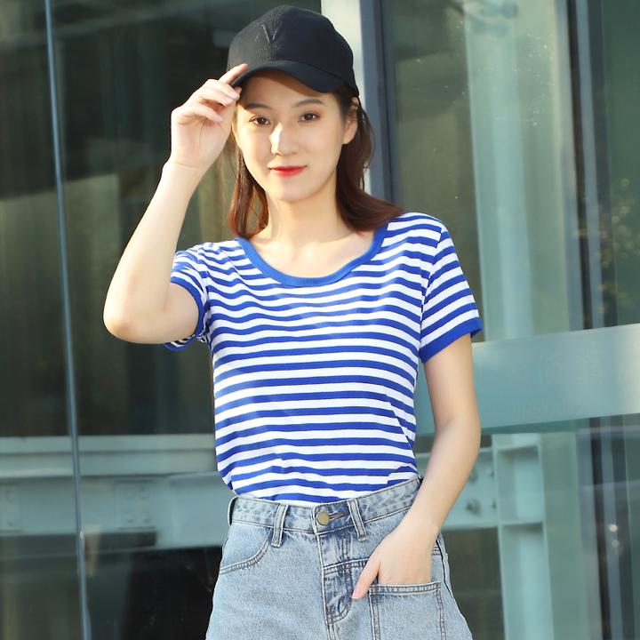 夏季海魂衫女短袖纯棉情侣装半袖圆领海军蓝条纹t恤水手服学院风