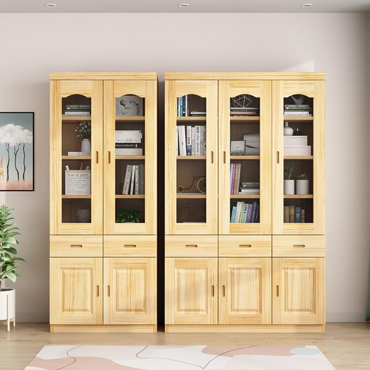 松木书柜全实木两门三门书柜组合带玻璃门简约新中式书房环保书橱