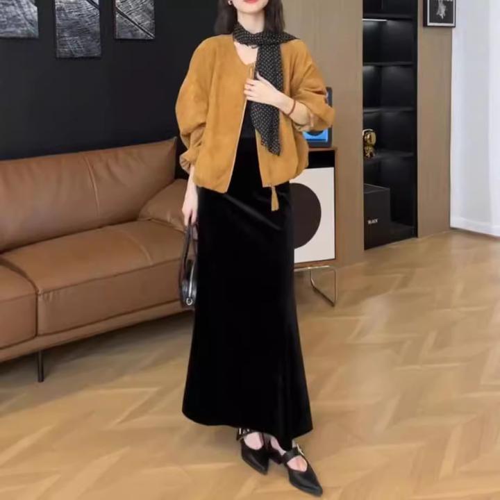 2024秋季新款韩版长袖宽松拉链外套高腰半身裙女