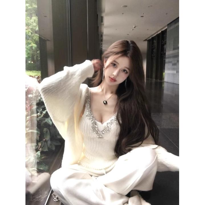 纯欲辣妹v领抹胸上衣女秋冬针织开衫毛衣外套镶钻吊带背心两件套