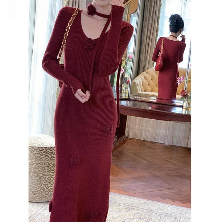 法式复古显瘦针织连衣裙女V领立体花朵打底长裙