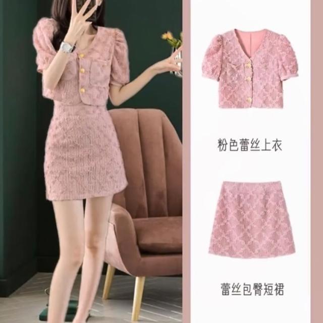 夏季时尚洋气新款轻奢气质小香风减龄显瘦同色短袖高腰短裙两件套