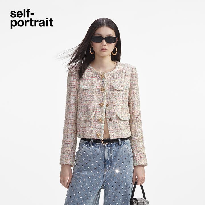 self-portrait流光风法式白混色小香风编织花呢外套千鸟格上衣