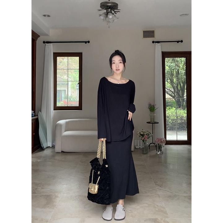 郭九九呢  宽松慵懒休闲显瘦百搭长袖T恤高腰鱼尾裙G9A346705