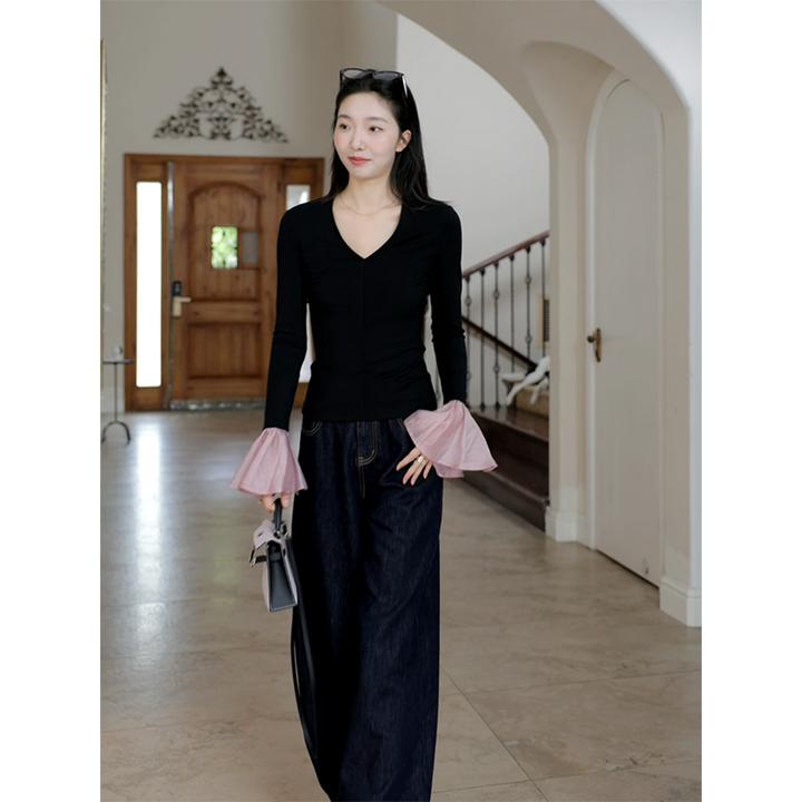 郭九九呢 天丝法式V领拼接撞色T恤针织衫阔腿牛仔裤G924Y14061