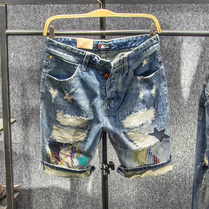 复古破洞刺绣牛仔短裤男夏季薄款宽松补丁五分裤男中裤水洗潮流