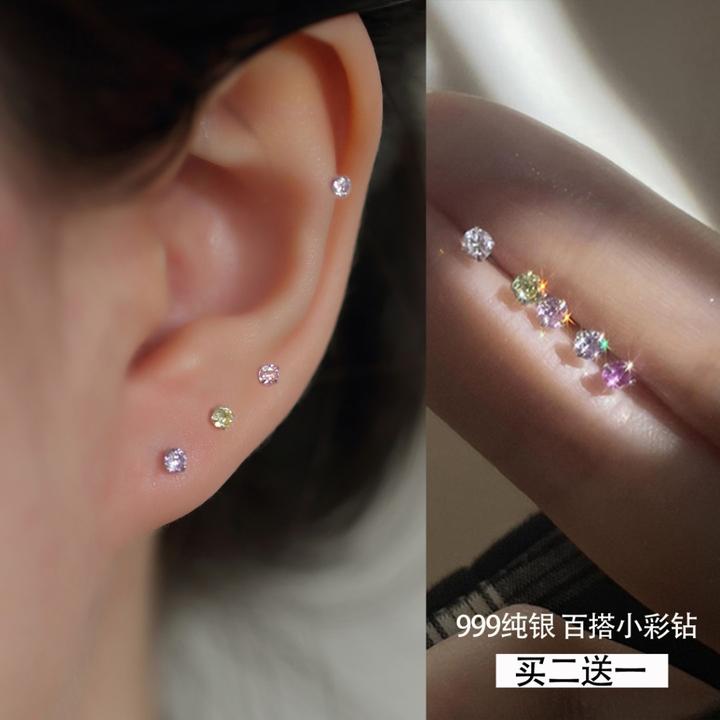 足银合成锆石耳饰 999纯银耳钉女简约小巧精致小钻养耳钉耳骨钉