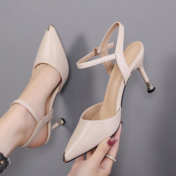 2025春夏新款包头凉鞋女仙女风百搭细跟高跟鞋ins潮尖头中空单鞋