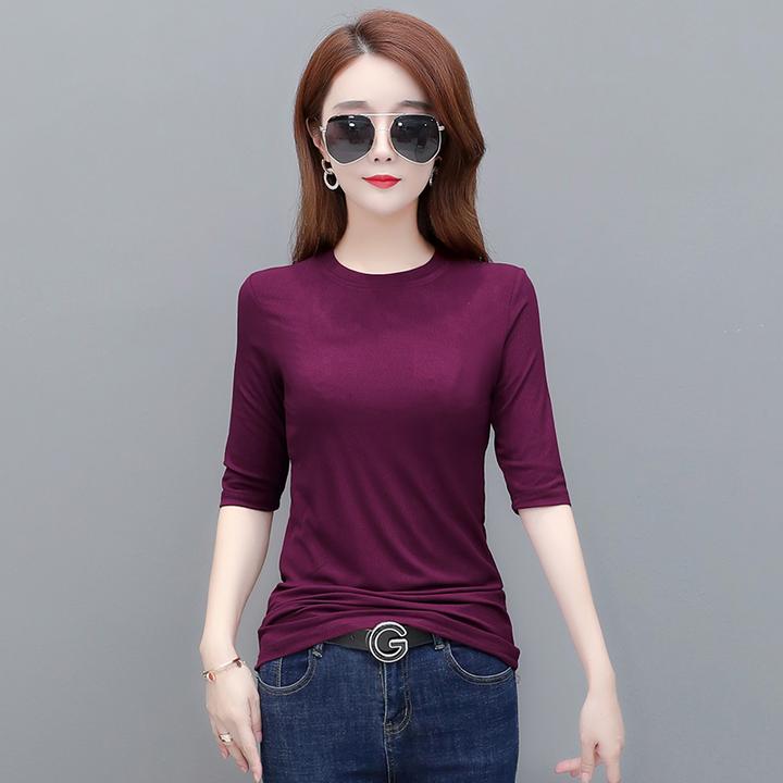 春秋新款中袖t恤打底衫女圆领纯色修身半袖大码五分袖黑色上衣夏
