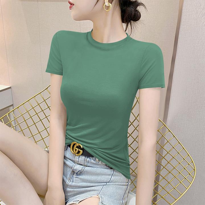 灰绿色莫代尔半高领短袖T恤女夏2025新款紧身气质薄款半袖上衣潮