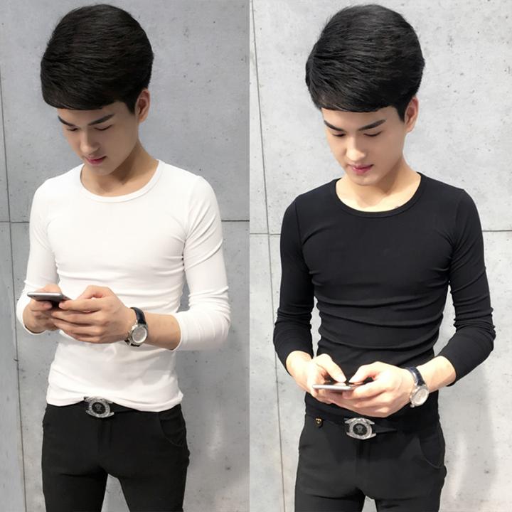 长袖T恤男修身纯棉圆领内搭高端小码男装2025春季紧身男士打底衫