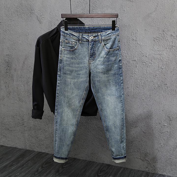 潮牌牛仔长裤男秋冬季新款韩版修身小脚水洗高街弹力加绒九分裤子