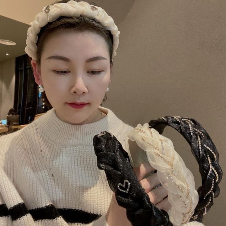 布艺发饰 2022新款蕾丝编织水钻宽边发箍麻花辫子防滑头箍高炉顶