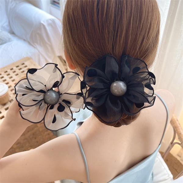 Pink Girl欧根纱波点花朵发圈绳头花头饰P03211