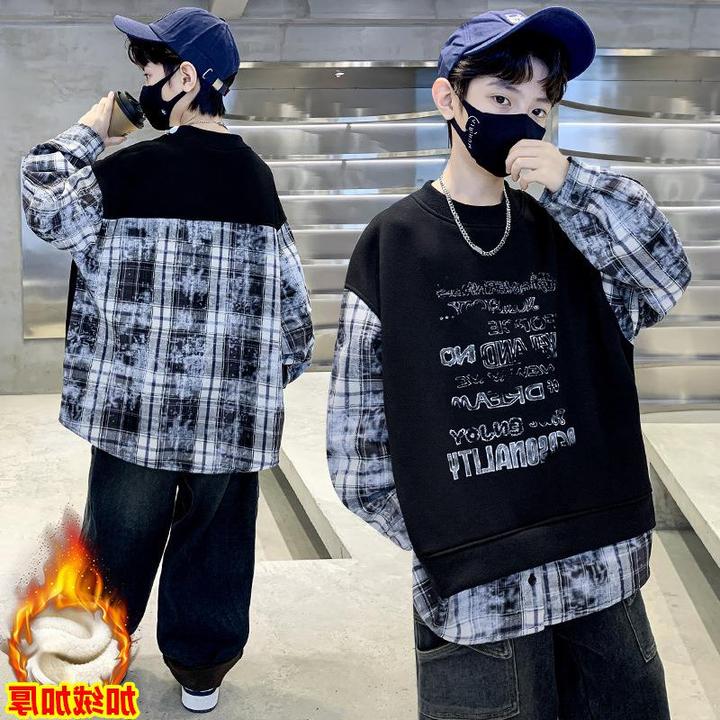 可爱童装男童卫衣冬季新款中大儿童运动休闲加绒加厚保暖拼接袖口