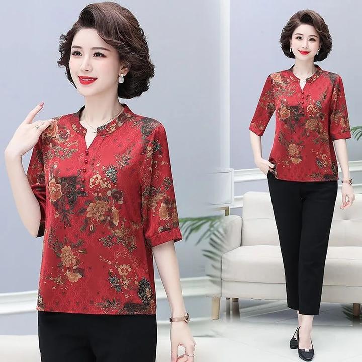 [常熟新中式]中老年妈妈春夏5分袖V领小衫宽松透气大码时尚女装