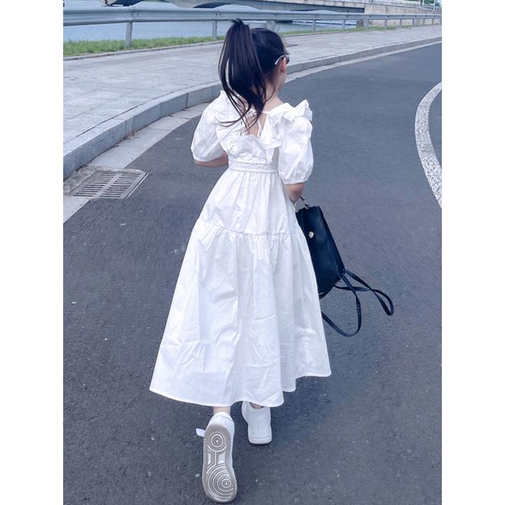 女童棉布连衣裙夏季2025新款荷叶边收腰女孩长裙高腰显瘦儿童裙子