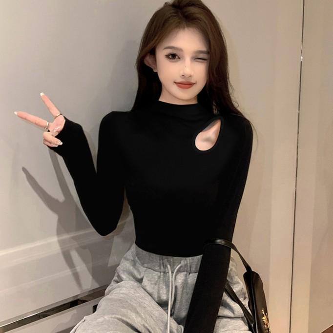 黑色螺纹半高领长袖紧身打底衫女秋冬百搭洋气镂空上衣内搭高档潮