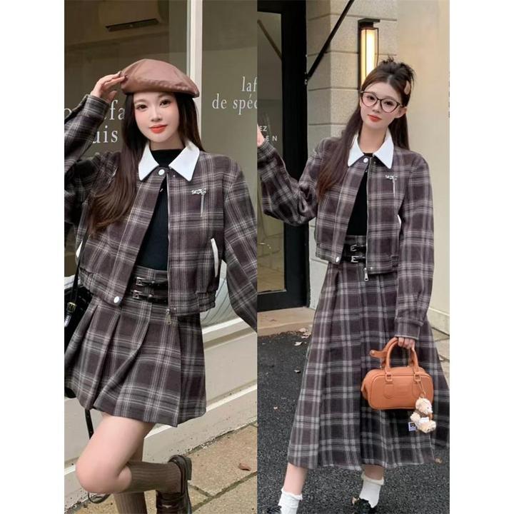 大码女装格子套装秋季新款美式休闲复古学院风长袖日常通勤半身裙