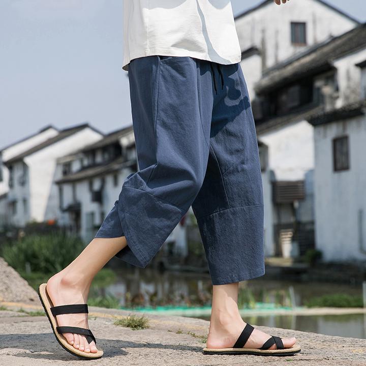 亚麻七分裤男夏季薄款中国风休闲宽松大码新中式男装棉麻哈伦裤潮