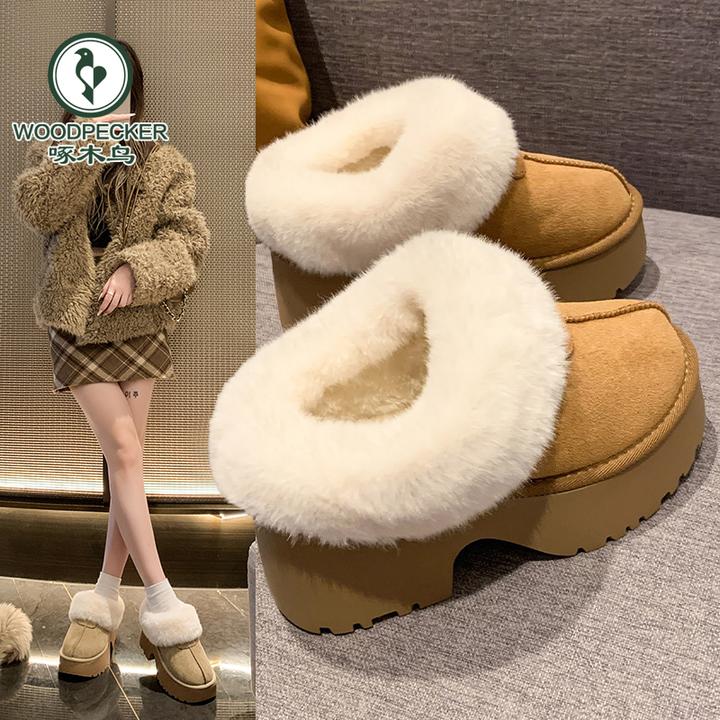 啄木鸟毛毛拖鞋女外穿2024新款秋冬厚底雪地靴加绒包头半拖鞋棉鞋
