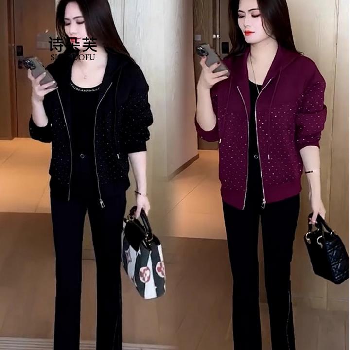 时尚短外套女2024秋季新款宽松显瘦小个子百搭烫钻休闲连帽夹克衫