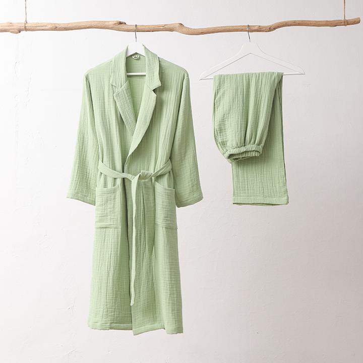 睡袍女春秋季夏季分体家居服情侣款三层纱睡衣纯棉浴袍女长款晨袍