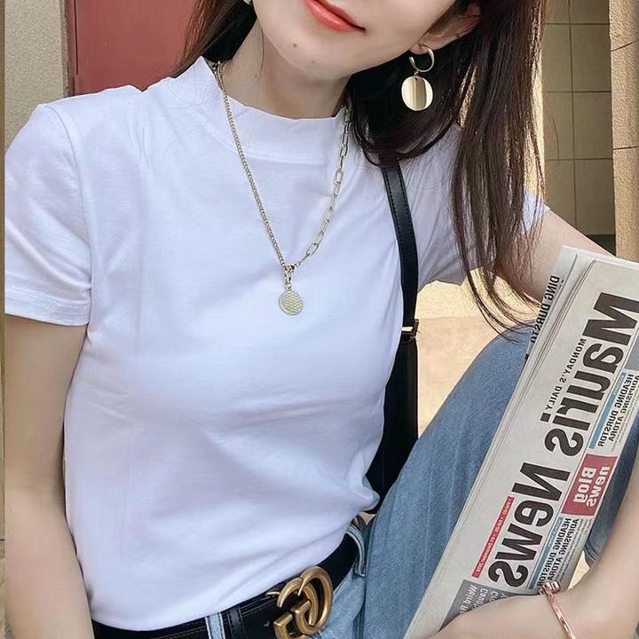 小高领短袖T恤女纯棉打底衫女白色韩版修身上衣百搭纯色时尚体恤