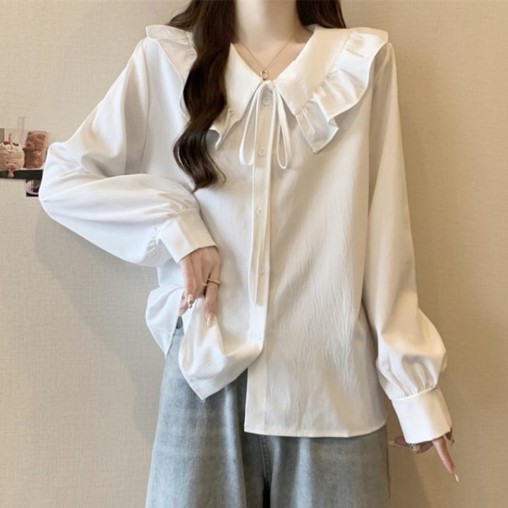 大码娃娃领长袖白色衬衫女春秋微胖MM宽松显瘦百搭洋气荷叶边上衣