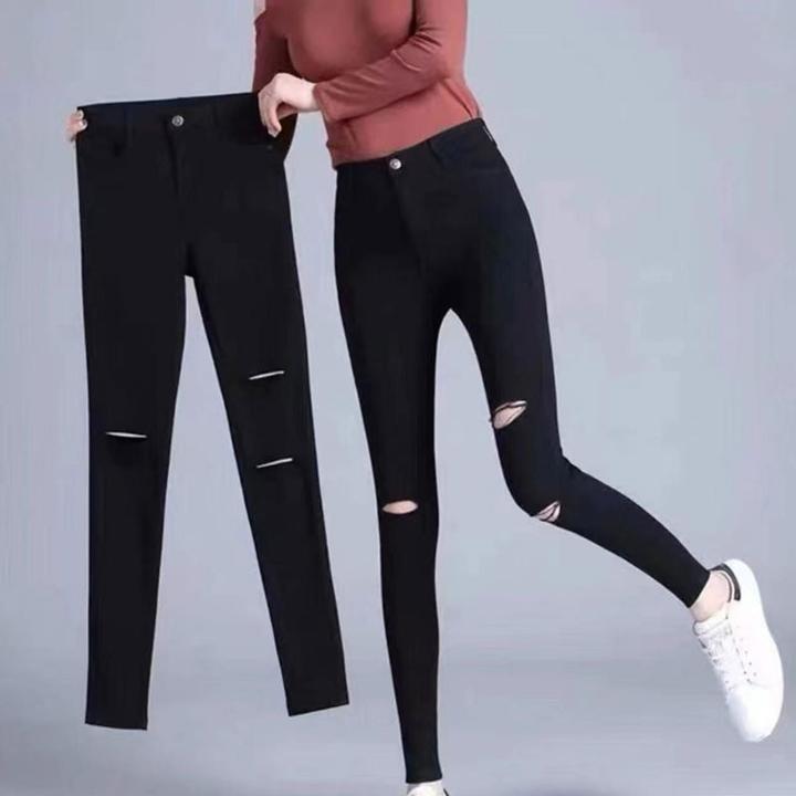 春夏韩版弹力破洞小脚打底裤外穿百搭矮个子薄款铅笔提臀小黑裤女