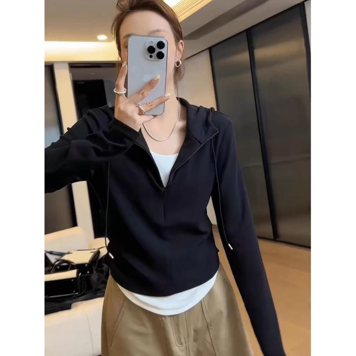 欧货2024年秋季新款卫衣女假两件设计连帽抽绳收腰时尚百搭上衣潮