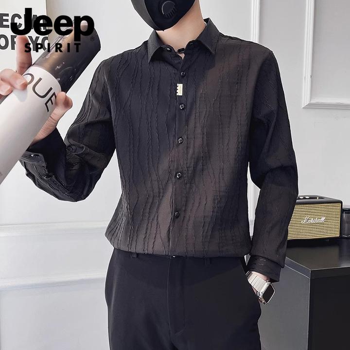 JEEPSPIRIT高级感长袖衬衫男款韩版轻奢时尚黑色衬衣春秋季痞帅男
