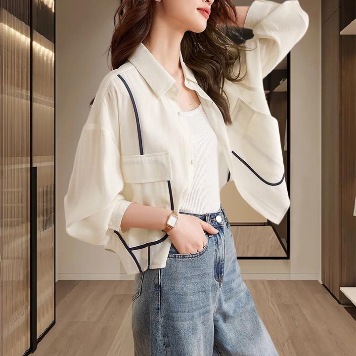时尚休闲撞色衬衫短外套女2025夏季新款轻薄显瘦长袖衬衣减龄上衣