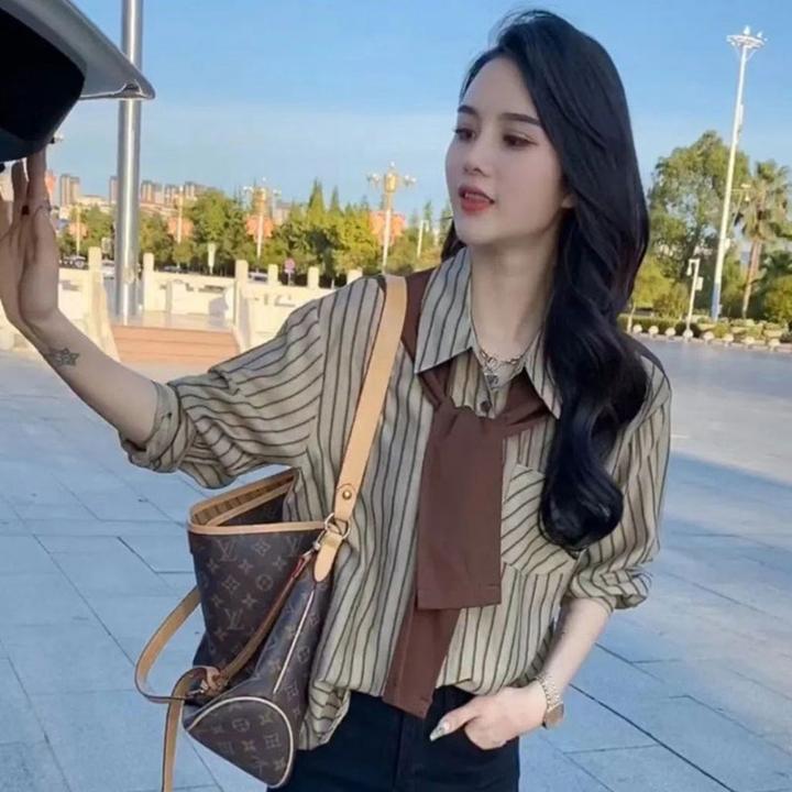 早秋新款女装2025春秋女士长袖衬衫假两件条纹衬衣披肩上衣遮肚子