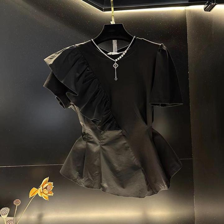 大码百搭不规则上衣女夏季新款胖mm收腰遮肉显瘦小衫短袖T恤8806