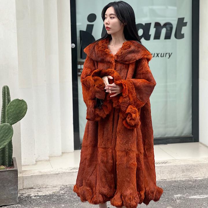 0908花苞喇叭袖袖安哥拉兔毛皮草外套真毛女新款反季