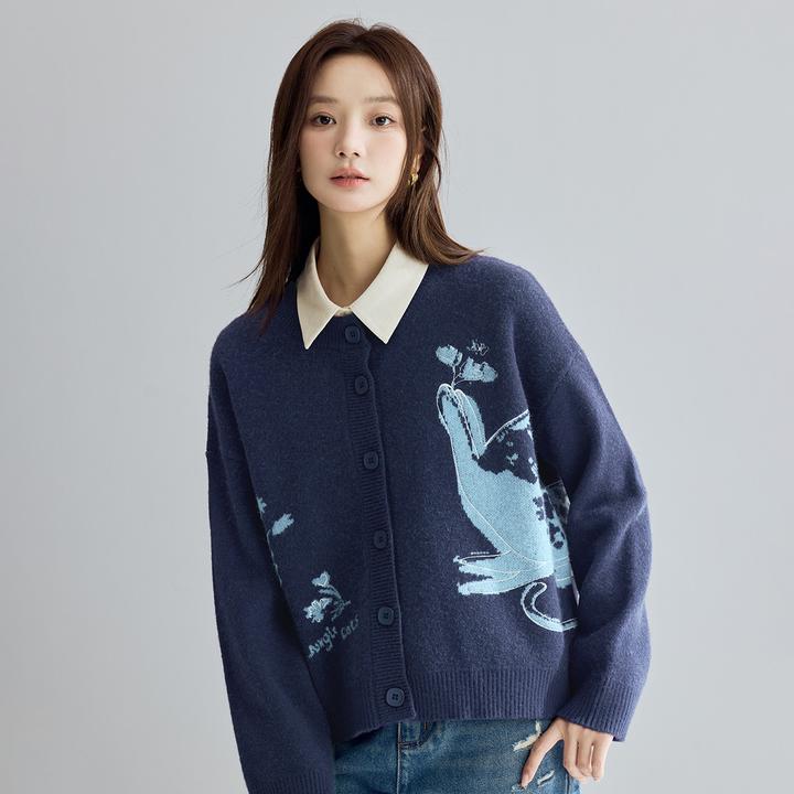 茵曼冬季女毛针织衫毛衣开衫外套新款修身T恤宽松圆领套头薄款