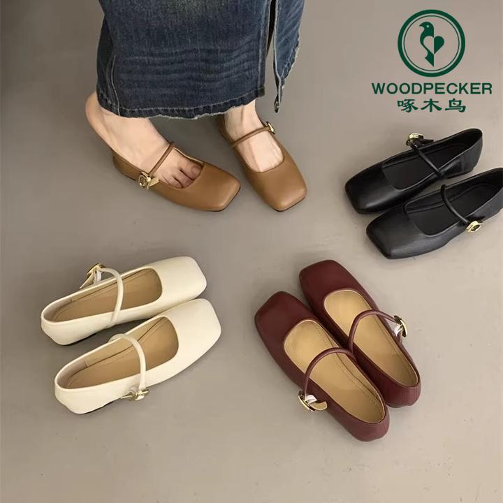 啄木鸟方头浅口一字带玛丽珍女2025春季新款平底百搭软底温柔单鞋