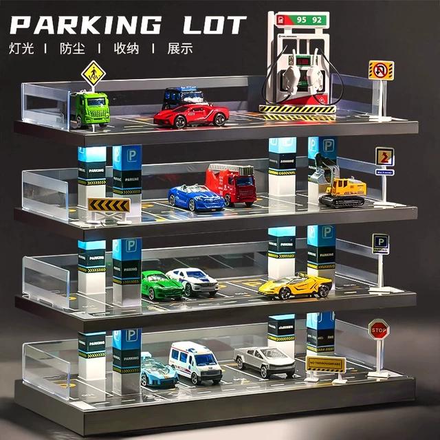 1:64车模展示盒灯光停车场模型仿真场景合金小汽车库玩具收纳摆件