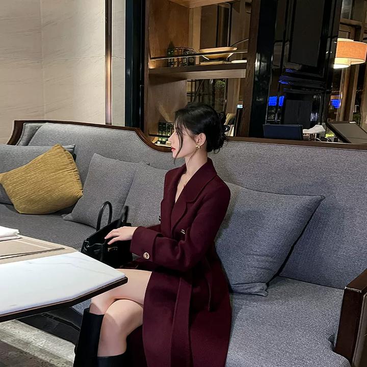 安可拉红双面羊绒大衣女2024秋冬新款高端大牌双排扣气质毛呢外套