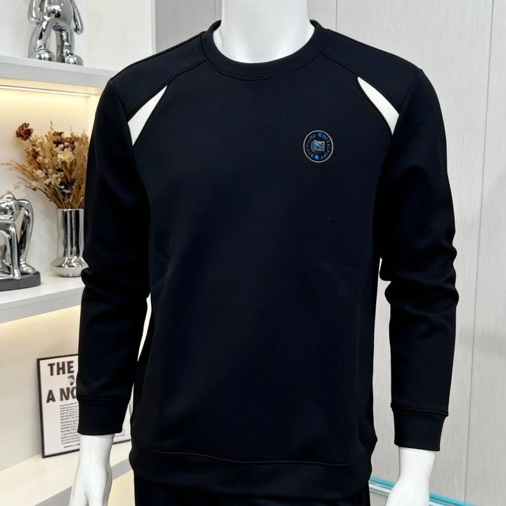 秋冬潮流圆领男士长袖套头提花刺绣加绒加厚时尚休闲保百搭