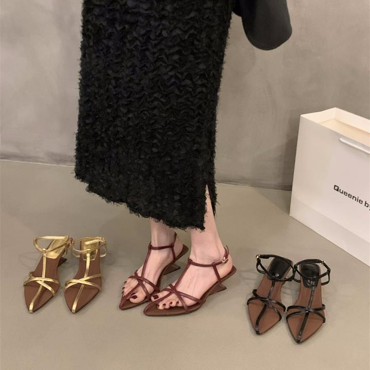 坡跟高跟黑色绑带凉鞋仙女鞋子2025新款夏季法式配裙子细带罗马鞋