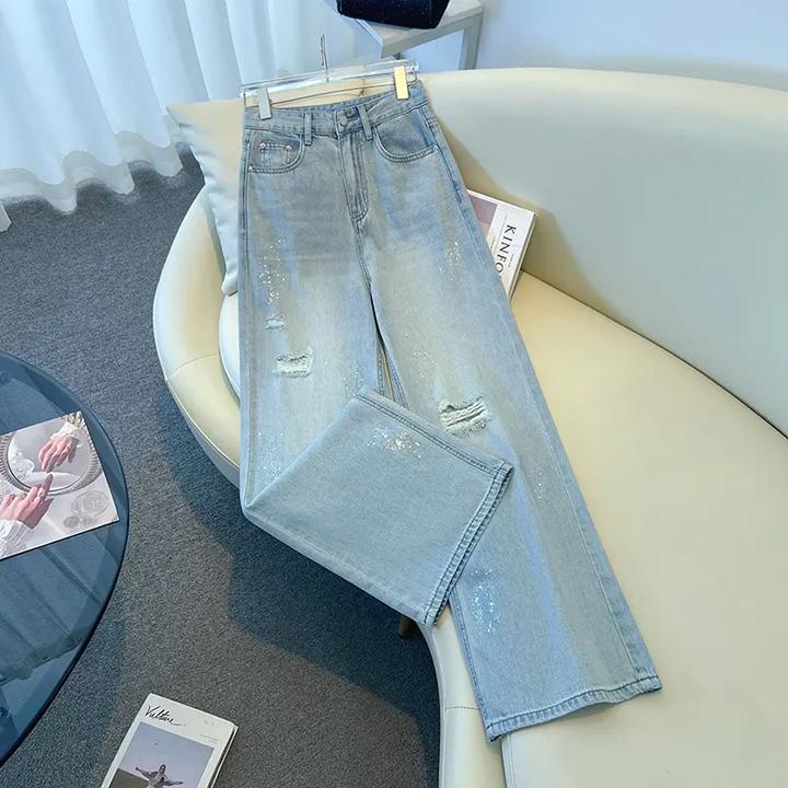 拉夏贝尔蓝色高腰直筒烫钻破洞牛仔裤女夏季2025新款设计感阔腿裤
